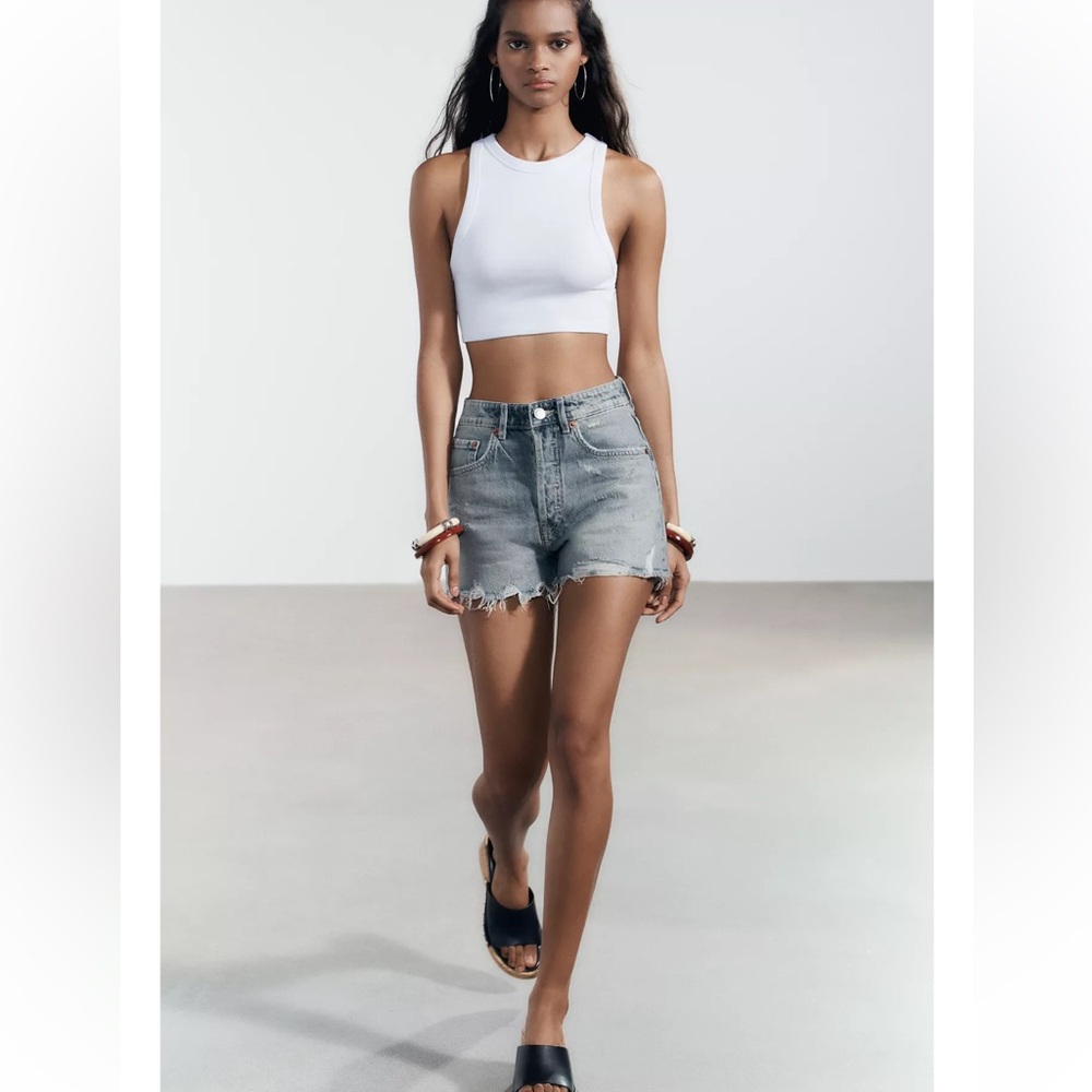 ZARA TRF RIPPED HIGH RISE DENIM SHORTS - Picture 2 of 10
